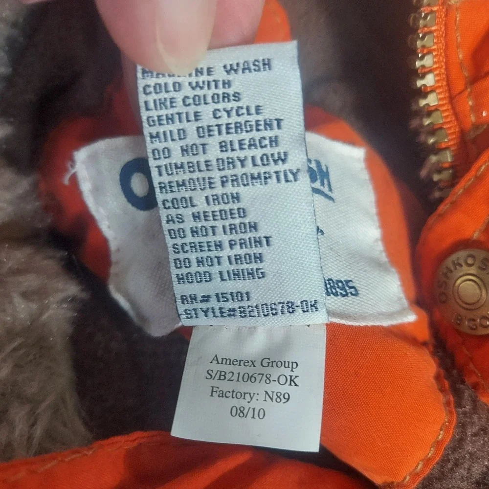 OshKosh B'gosh Puffer Coat Faux Fur Hooded Warm‎ Winter Jacket 12M orange READ!